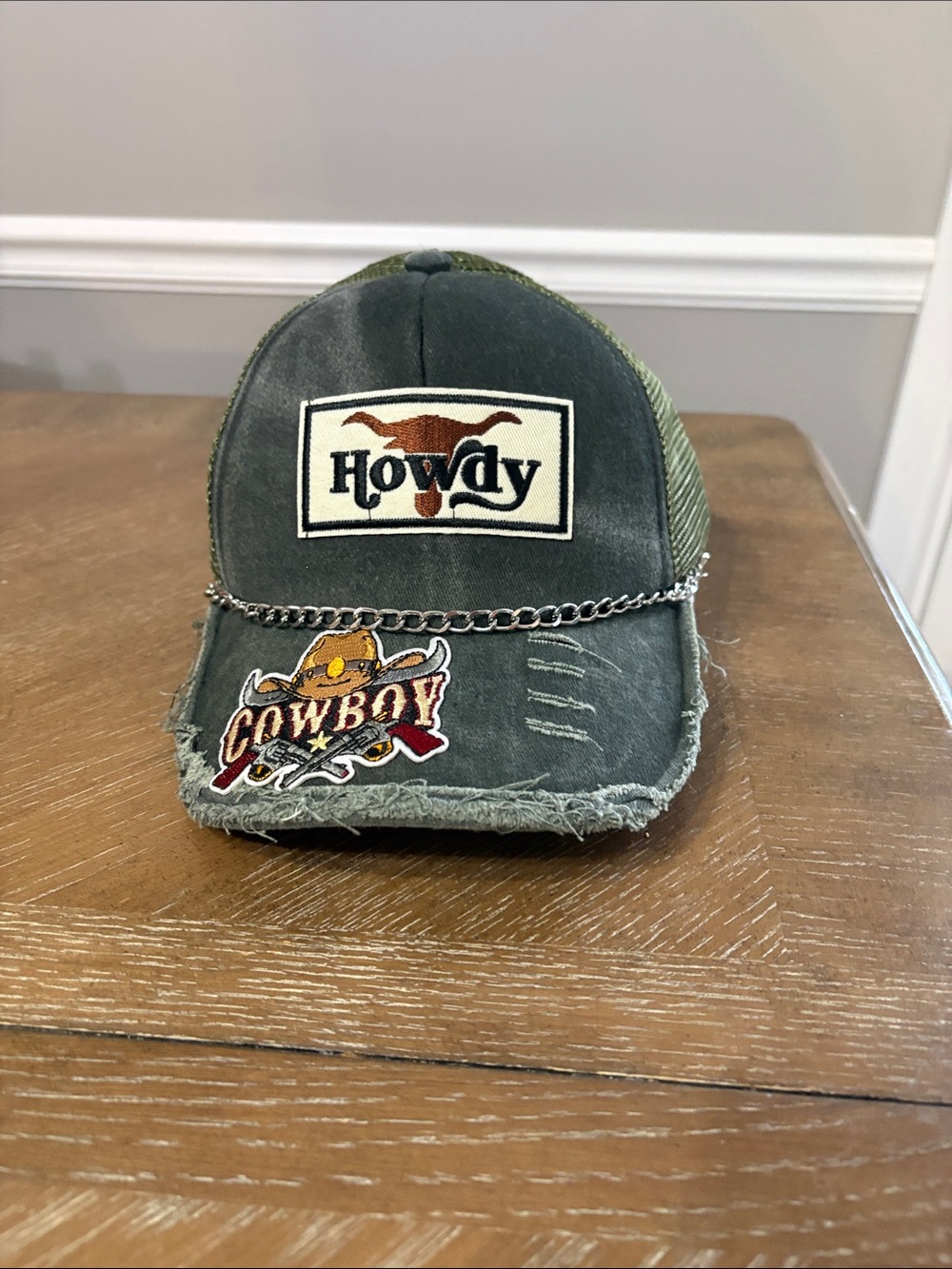 Distressed Olive 'Howdy' Cowboy Chain Baseball Cap